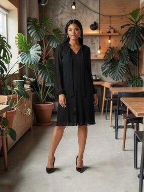 Black Pleated Long-Sleeve V-Neck Tie Dress